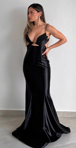 Gowning Around Black Satin Formal Gown