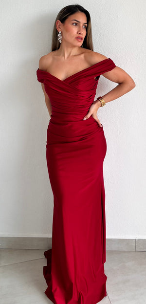 Glamorous Sweetie Off-Shoulder Burgundy Gown