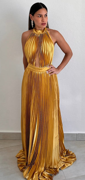 Flawless Expression Gold Pleated Long Dress