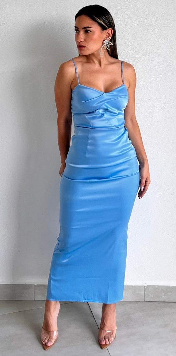 Enchanted Moment Light Blue Satin Midi Dress