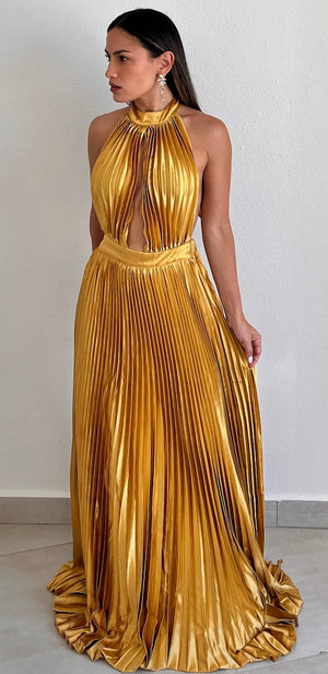 Flawless Expression Gold Pleated Long Dress