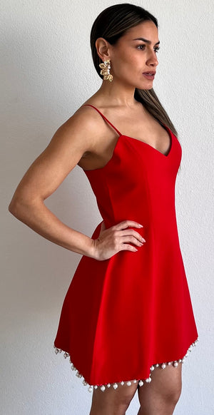 Simple Poise Red Pearls Fit & Flare Dress