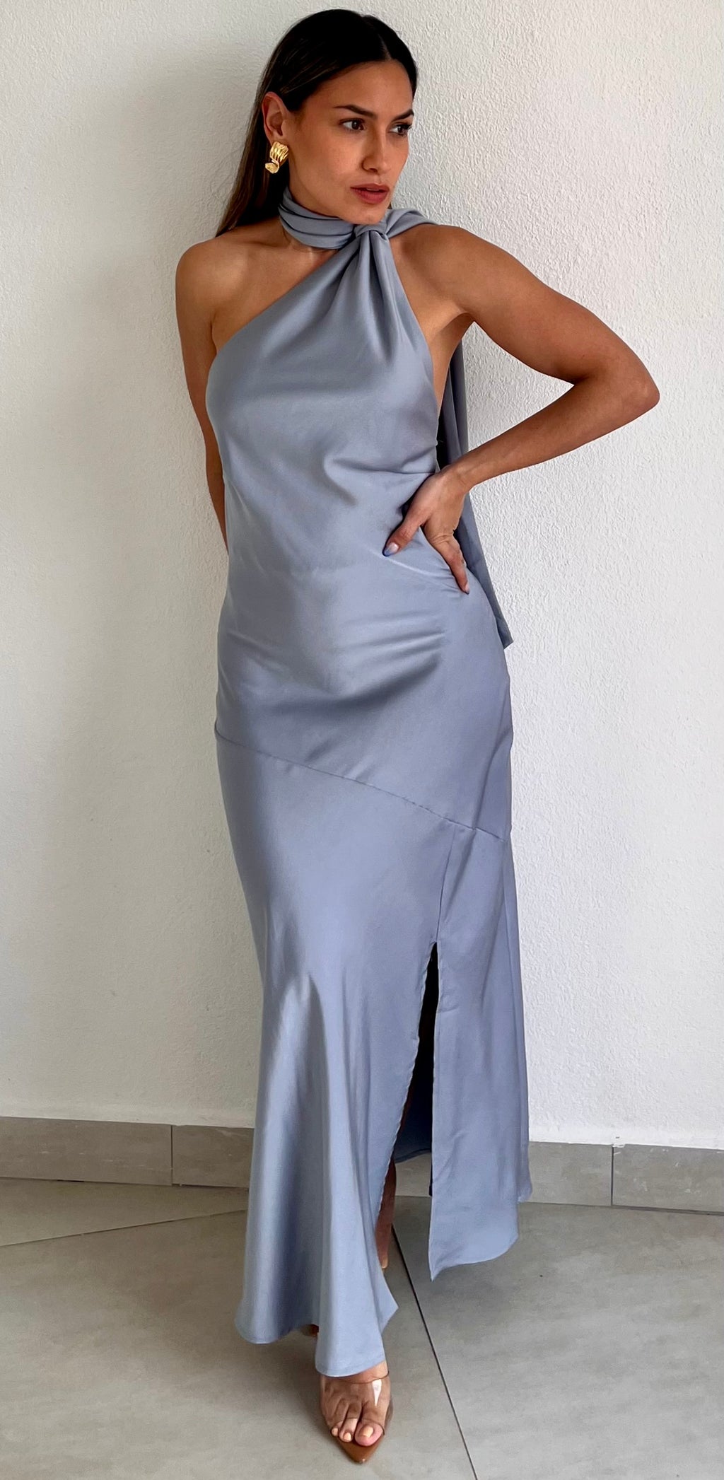 Still the One Light Blue One-Shoulder Satin Midi Dress