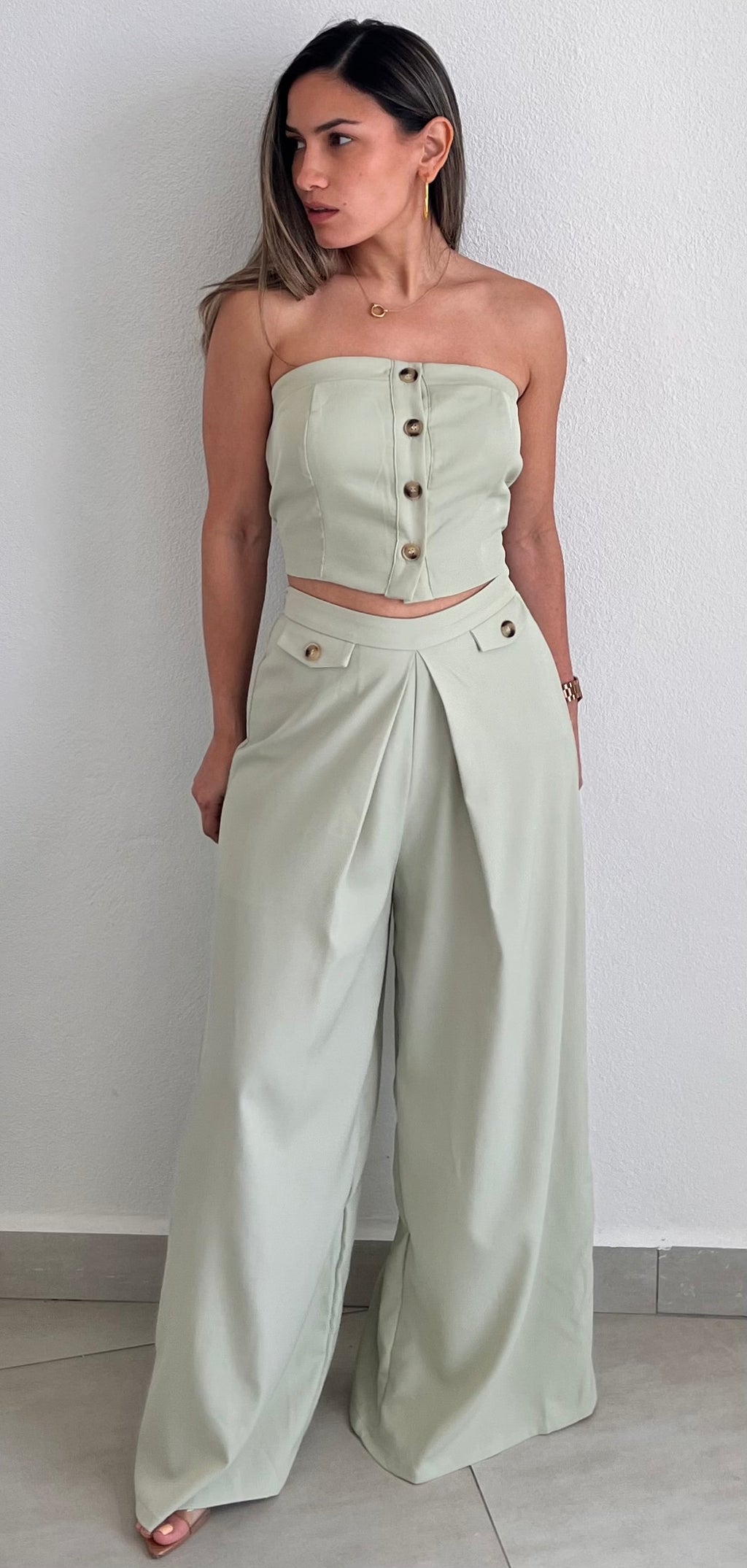 Memorably Stylish Sage Vest Two-Piece Set