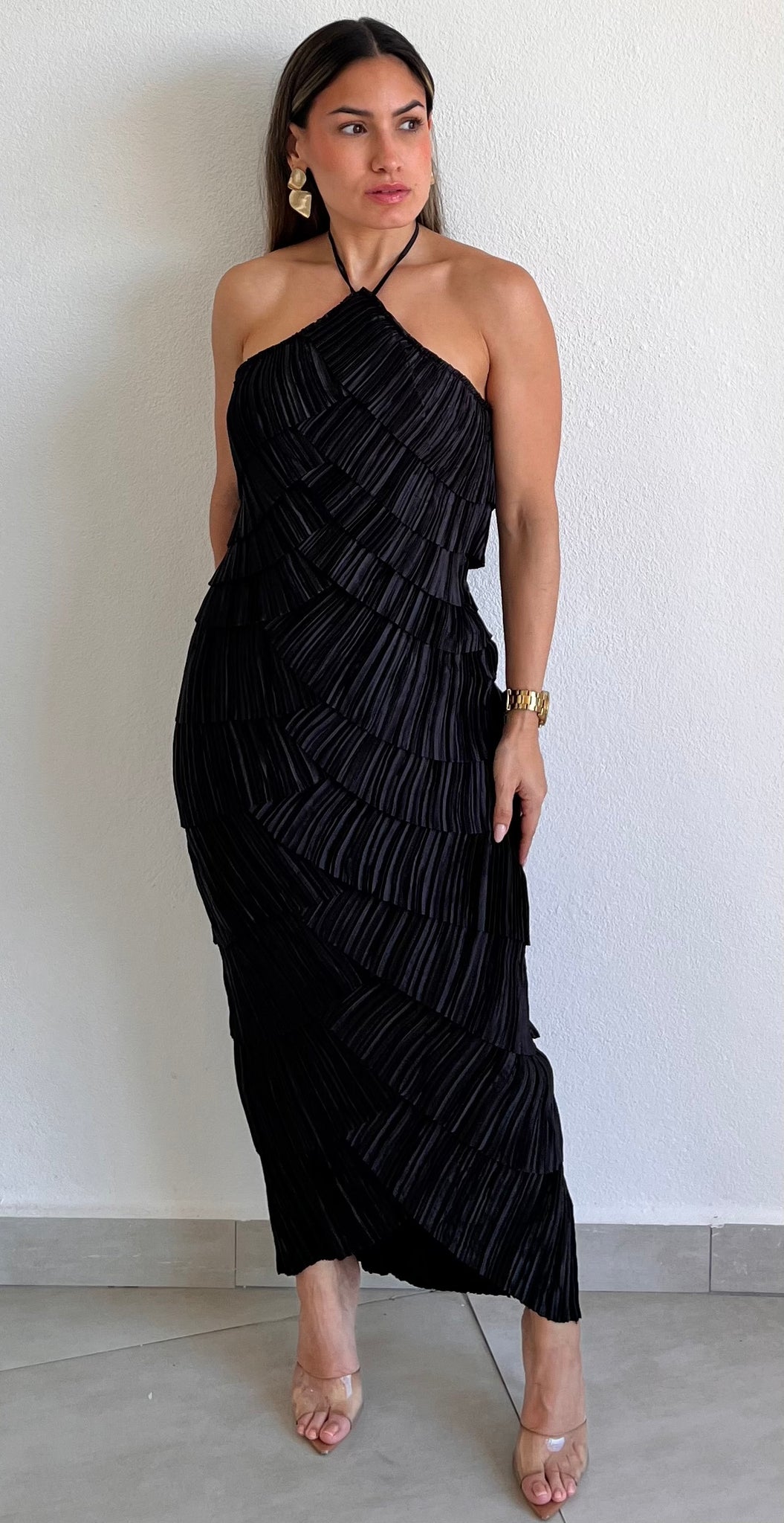 No Introductions Black Ruffled Midi Dress