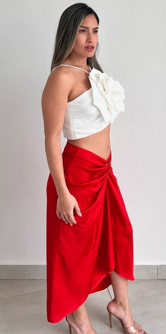 Pleasant Poise Red Satin Midi Skirt