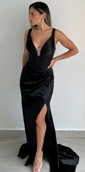 Dreaming of Elegance Black Satin Formal Gown