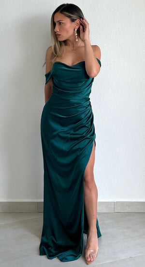 I’m Enchanted Emerald Off-Shoulder Satin Formal Gown