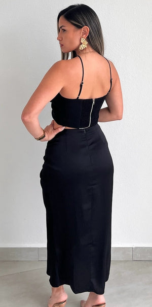 Pleasant Poise Black Satin Midi Skirt