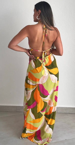 Tropical Essence Halter Print Maxi Dress