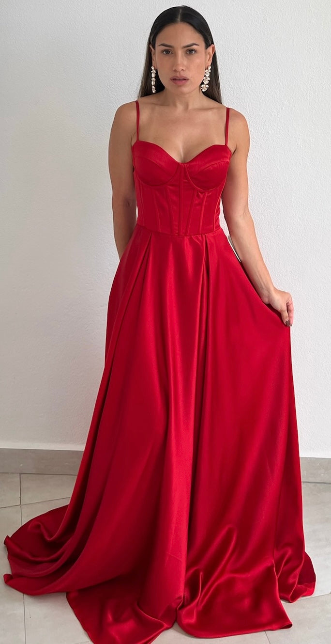 Dreamy Romance Red Corset Satin Formal Gown