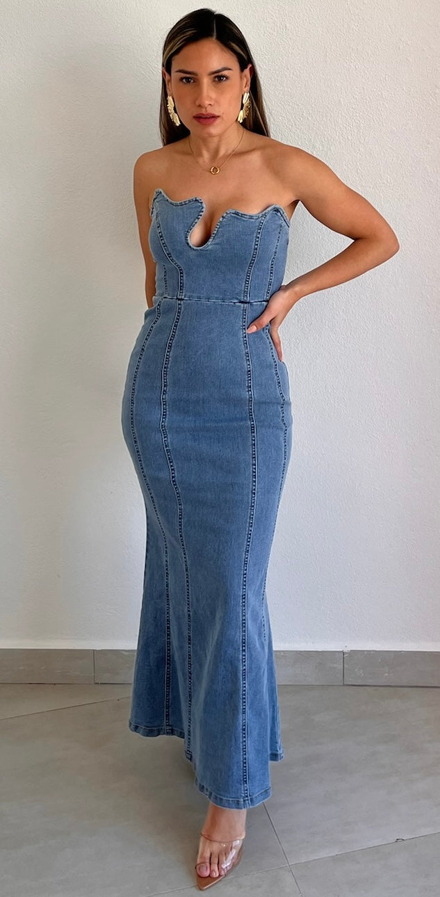 denim strapless midi dress Dark Wash Denim Dress - Strapless Denim Dress - Denim Midi Dress