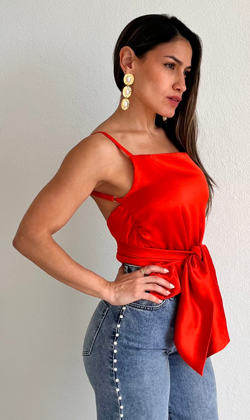 Sleek Cutie Orange-Red Satin Top
