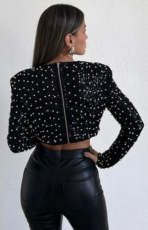 Dazzling Beauty Black Sequins & Pearls Long Sleeve Crop Top