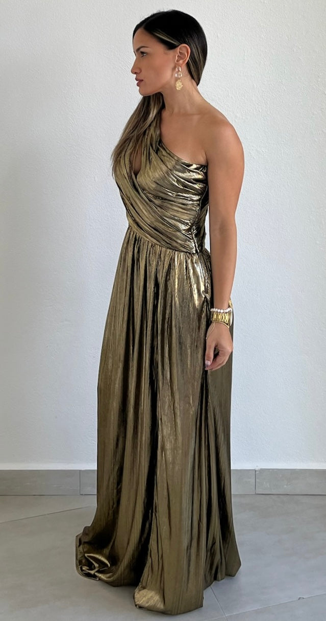 That Golden Girl Metallic One-Shoulder Formal Dress