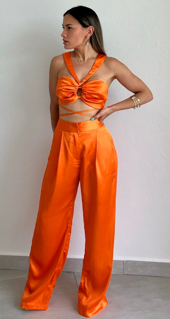 Pur-Suit of Perfection Orange Satin Two-Piece Set