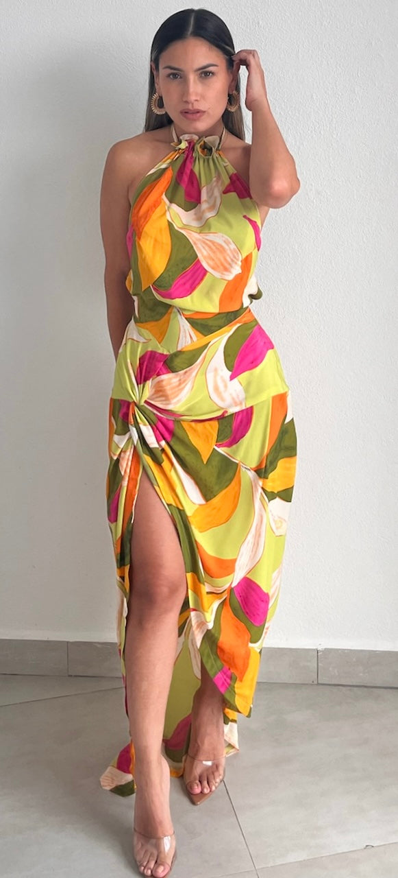 Tropical Essence Halter Print Maxi Dress