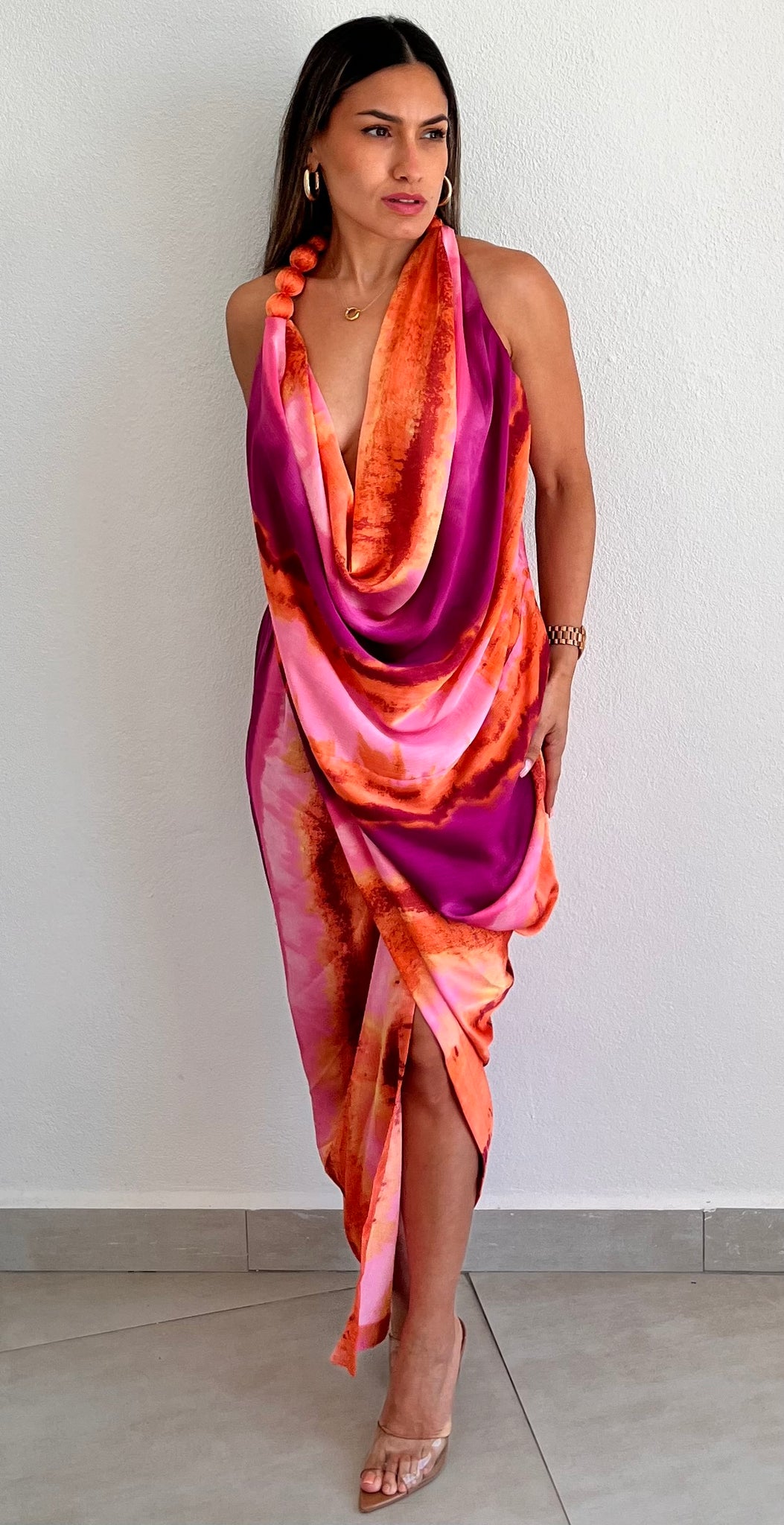 Resort Vibes Pink Print Asymmetrical Midi Dress