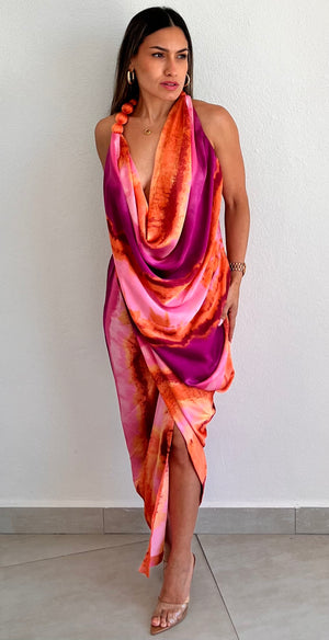 Resort Vibes Pink Print Asymmetrical Midi Dress
