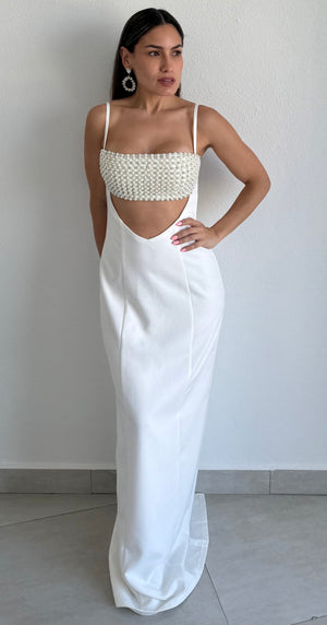 Flirty Luxury White Pearls Maxi Dress