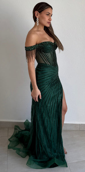 Glamorous Entrance Emerald Rhinestones Off Shoulder Gown