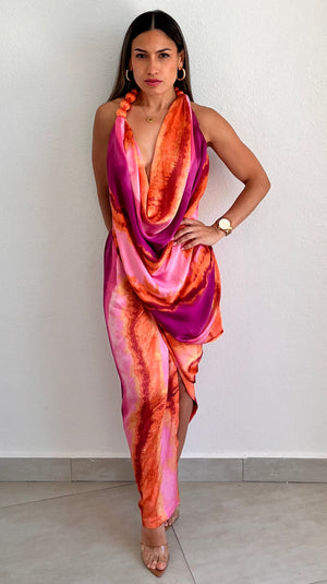 Resort Vibes Pink Print Asymmetrical Midi Dress