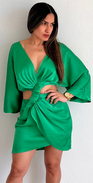 Decidedly Summery Green Satin Dress