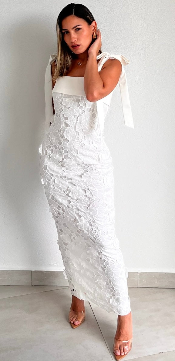 Romantic Language White Crochet Midi Dress