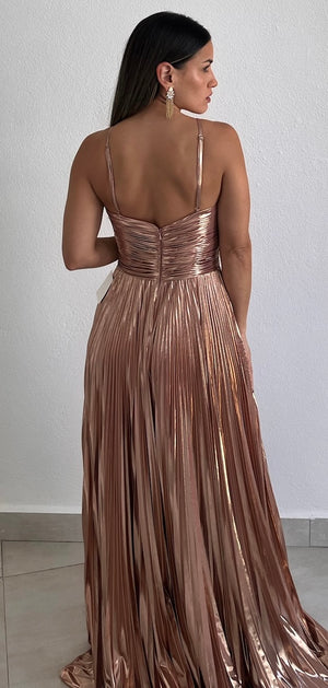 Metallic Angel Rose Gold Pleated Formal Gown