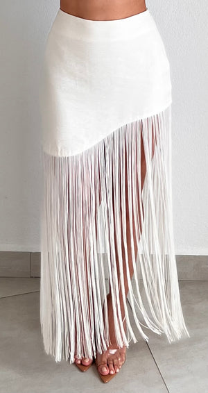 That Fringes Cream Asymmetrical Skirt