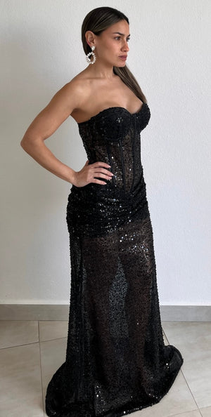 Mesmerizing Diva Black Sequins Corset Long Dress