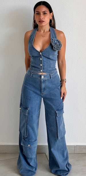 A Perfection Denim Vest Two-Piece Set