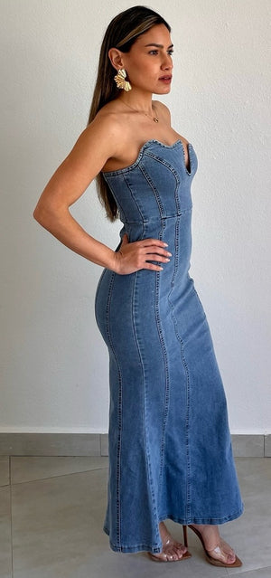 Major Impress Denim Strapless Midi Dress – Zil boutique