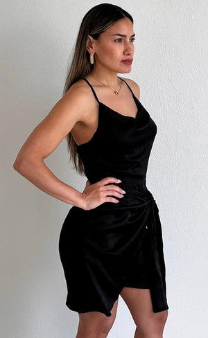 Exquisite Approach Black Satin Mini Dress