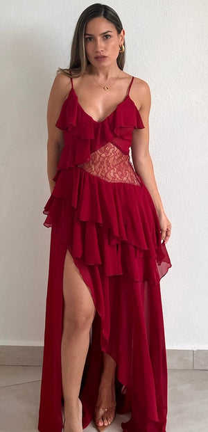 Everything I Do Wine Ruffle Maxi Dress