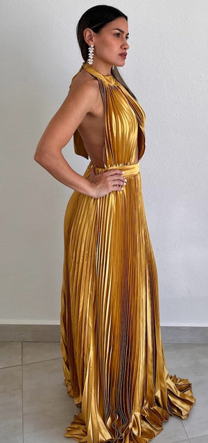 Flawless Expression Gold Pleated Long Dress