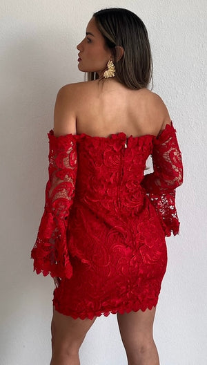 The Moment of Red Off-Shoulder Crochet Dress