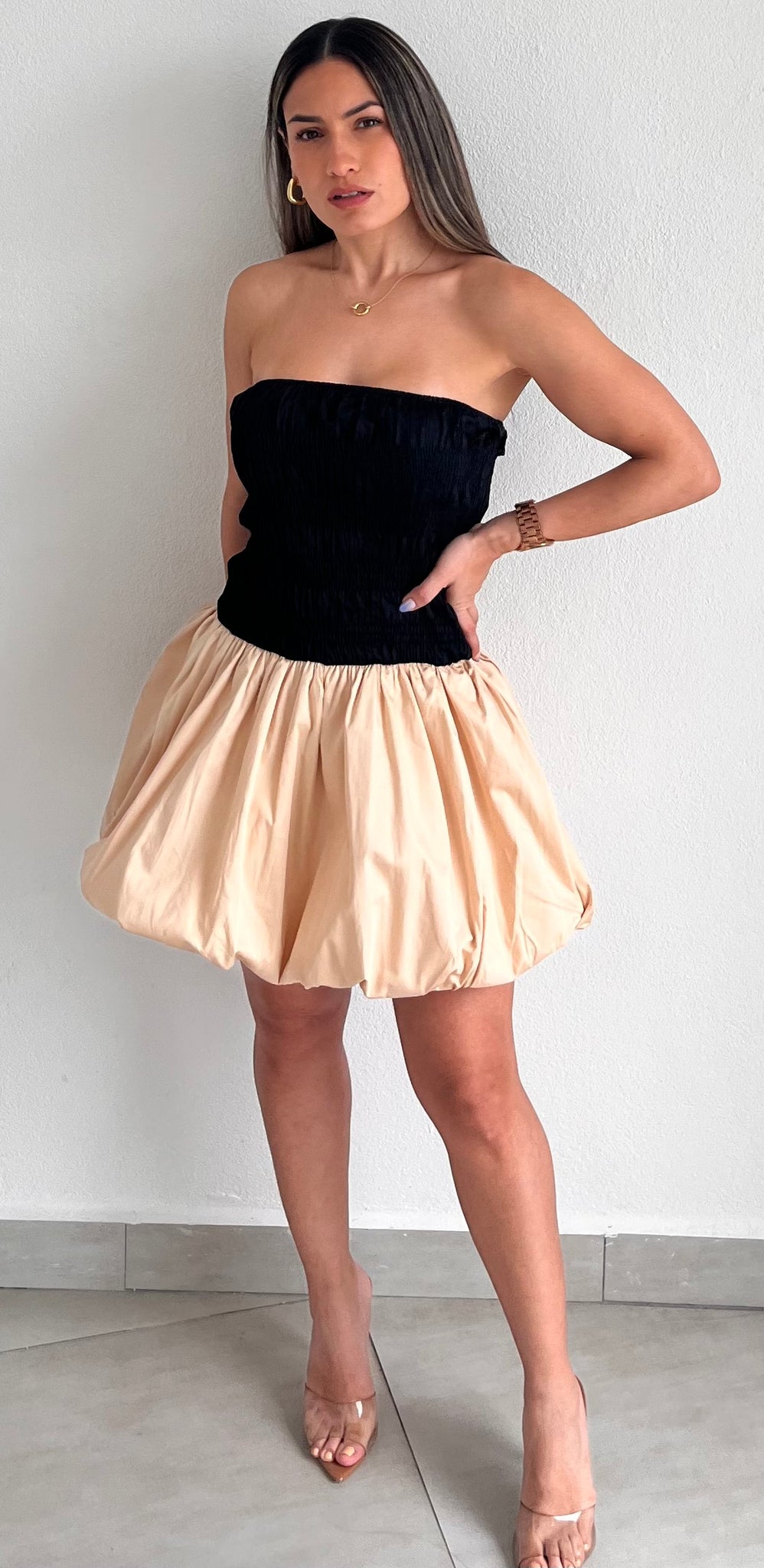 Approachably Adorable Black & Beige Bubble Dress