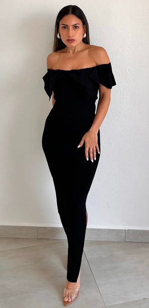 Wow Bow Off-Shoulder Black Midi Dress