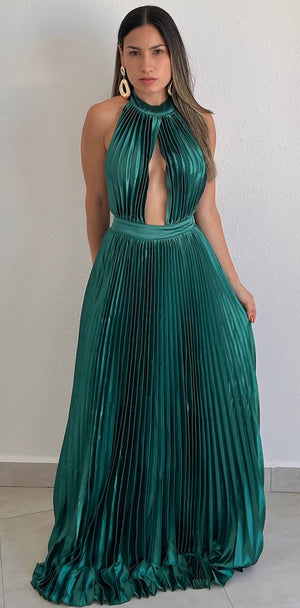 Flawless Expression Emerald Pleated Long Dress