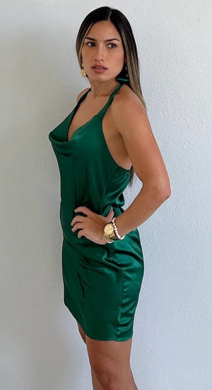 Showing Off a Little Emerald Satin Dress