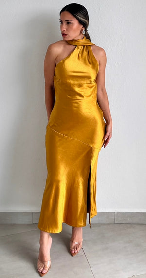 Still the One Mustard One-Shoulder Satin Midi Dress