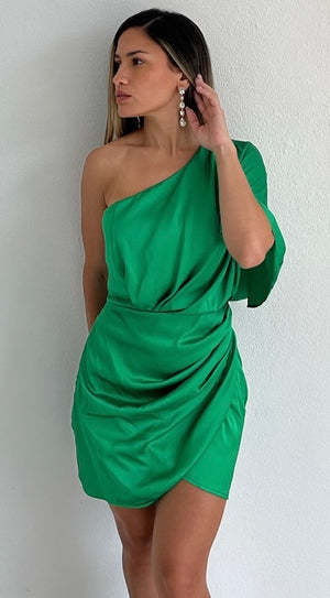 Elegant Poise Green One-Shoulder Satin Dress