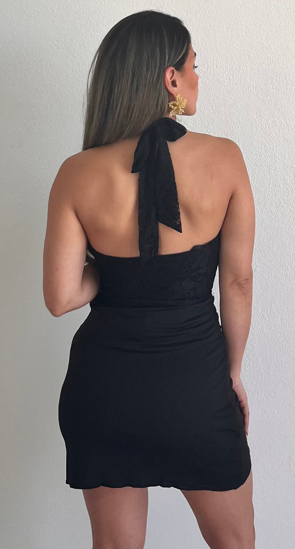 Perfected Finesse Black Lace Halter Dress