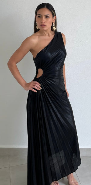 elegant occasion black sequin one-shoulder midi dress Elegant Black One-Shoulder Midi Dress - Pierre Collection