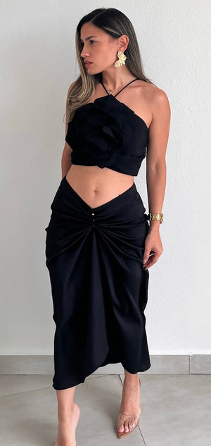 Pleasant Poise Black Satin Midi Skirt