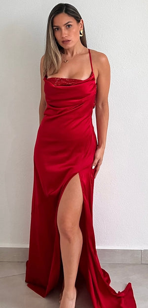 Moment to Shine Red Satin Long Dress