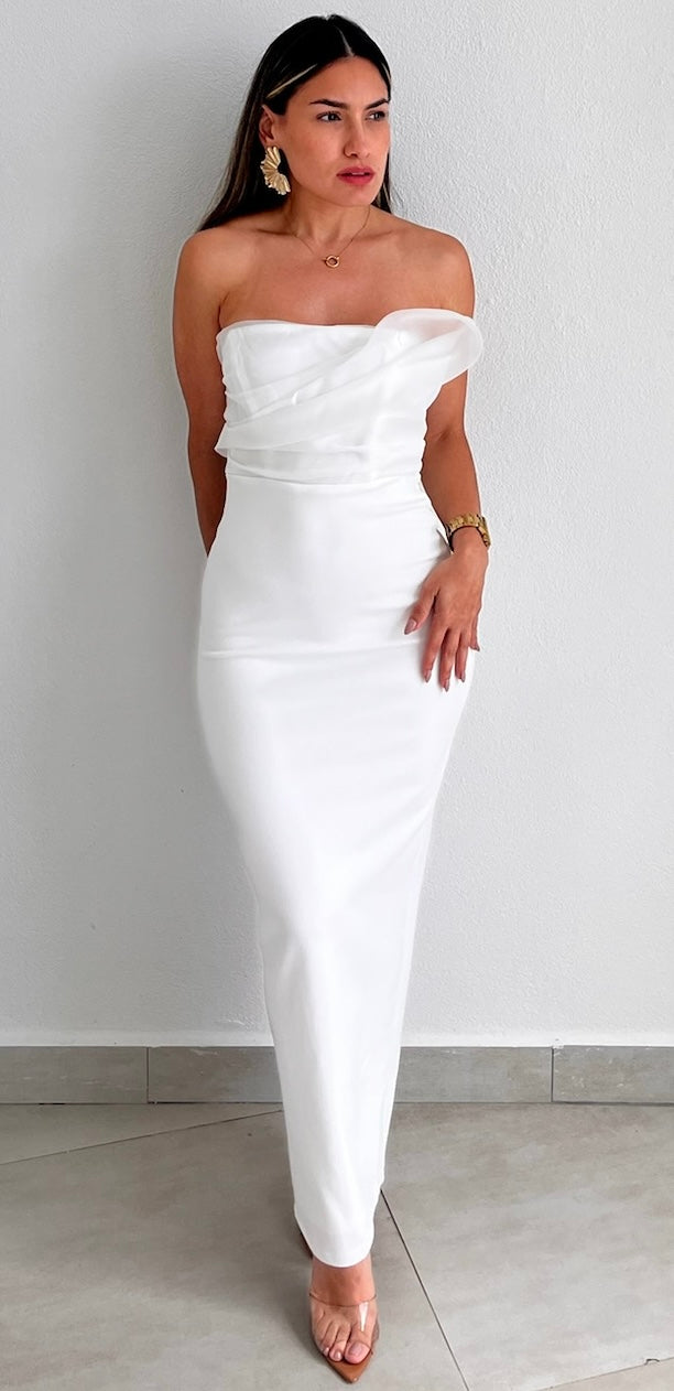 Divide & Contour White Strapless Midi Dress