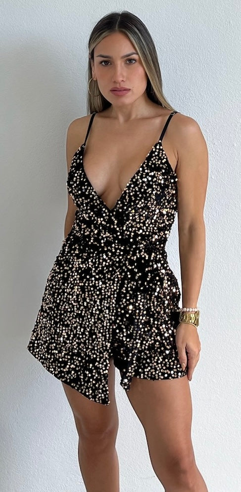Walk with You Black & Gold Sequins Romper