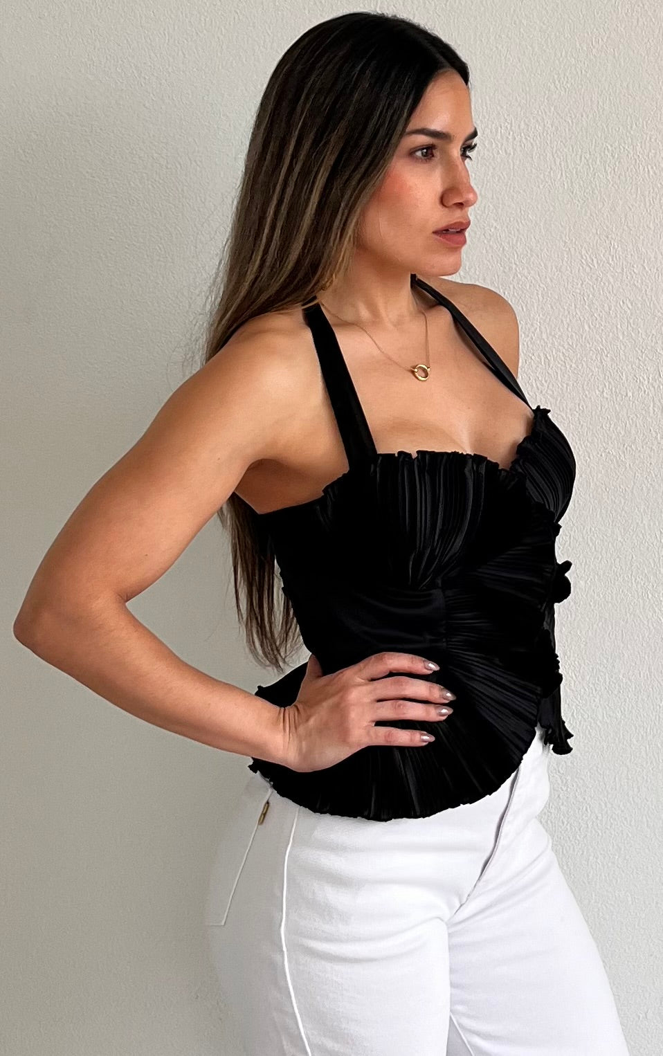 Impressive Style Pleated Black Halted Top